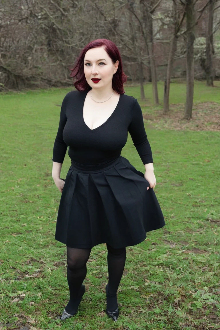 Full body shot of a beautiful redhead with a curvy body and full medium breasts. Louise Robey from Friday the 13th:The Series. Wearing a low-cut tight fitting black miniskirt sweater dress and black high heels with blavk pantyhose. Inside of Curious Goods antique shop holding a cursed tea cup with a leaf pattern