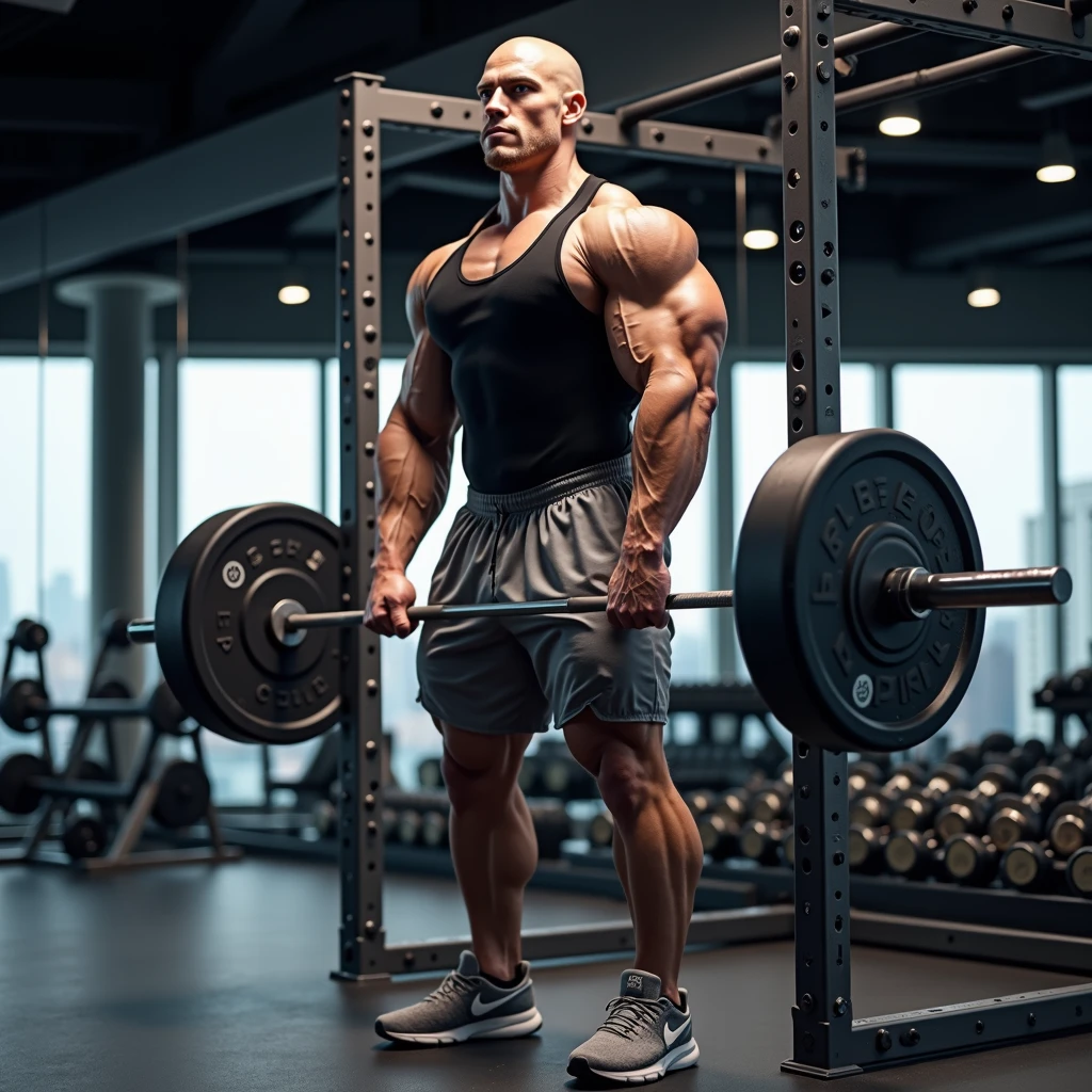An image of a bodybuilder with large, defined quadriceps in a gym environment