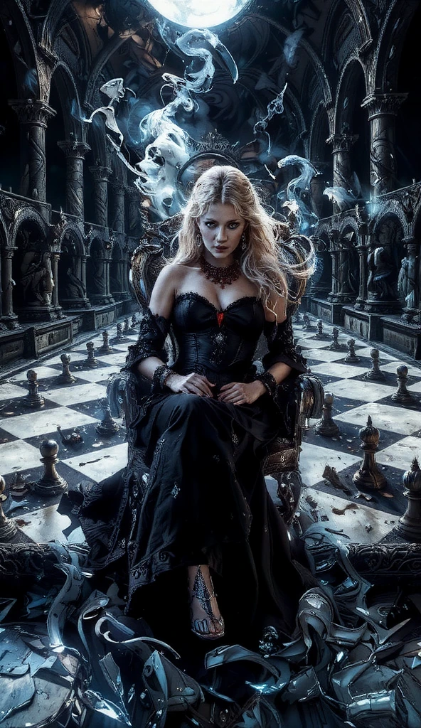 Generate me a realistic image of an evil queen, blonde, Blue-eyed, surrounded by butterflies, sitting on a throne with a black crown, and a tattoo of an A and a butterfly on the chest, with a dagger that has Eris written on it in blood