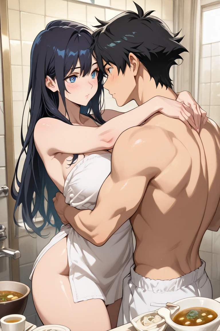 top-quality,　​masterpiece,　full body shot, Male and female couple,　Girl standing in a dark dank prison cell dungeon, hands in chains, completely naked, (((naked, nsfw, bare skin))), long flowing black hair in waves, gold jewelry, necklace, earrings, Boy hugging girl tightly from behind,  boy has crew cut hair, Without glasses、Revenge relationship, highly erotic, orgasmic expression, foreplay, squeezing breasts, assgrab, hand on breasts and ass, fondling, sweating, aftersex