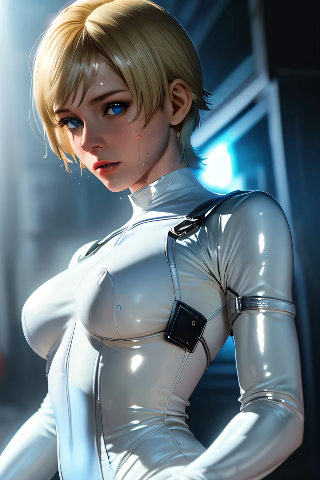 perfect anatomy Highest Quality,highest resolution,((( shiny white bodysuit shiny blonde short hair blue eyes shiny skin sweat))) Shelly Birkin