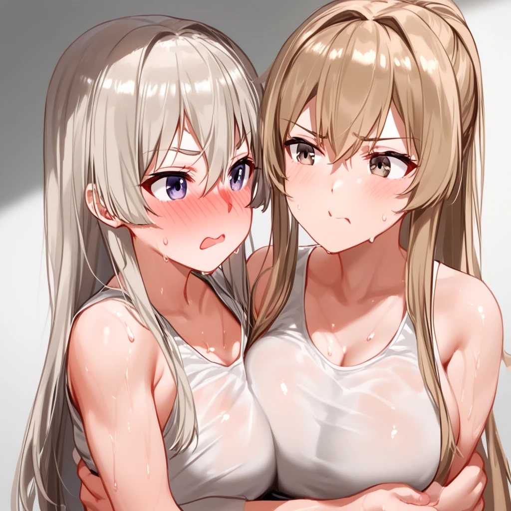 nsfw,(2girls:1.3),duo,pov,From above,Kneeling,masterpiece,best quality,very aesthetic,absurdres,side by side,lineup,(focus),(assertive_female),(light hair),cheek to cheek,(big breast),microBikini, completely ????,(handsjob),(1boy),(?????)