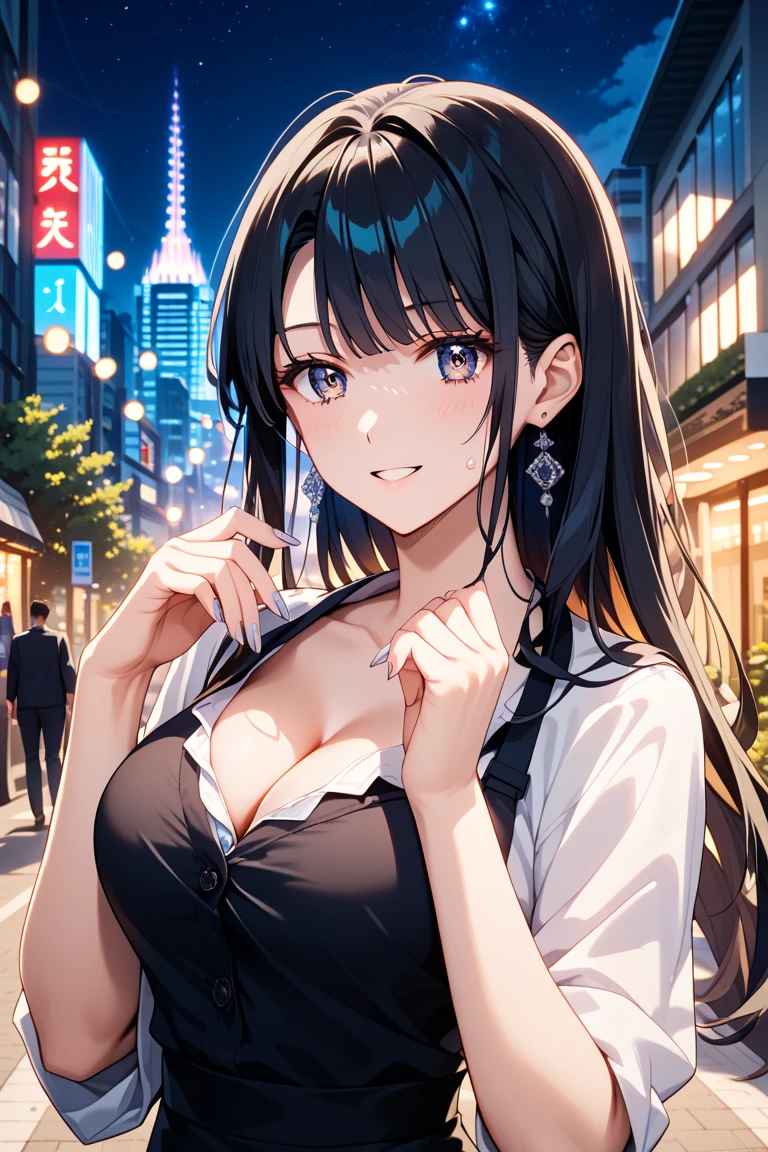 hands on knees, leaning forward, Cleavage, Upper Body, Realistic, real person, (pale skin: 1.2), RAW photo, photorealistic, shiny skin, shiny hair、(A 25-year-old woman with straight hair and bangs) and (medium hair) and (black hair) and (purple eyes) , (white collared shirt)、smile, (blush:1.3), The background is a shopping street at night、Alone、(night:1.5)