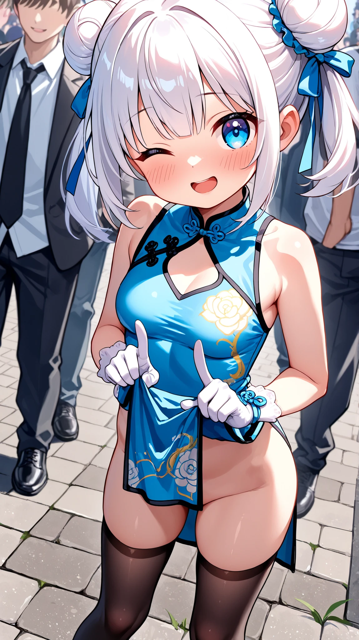 1 girl 、Young Girl、Chinese town, blue spot light、White gloves、China dress, bun hair, black stockings, White Hair、(High image quality)、(Best Quality)、(masterpiece)、(8k)、 blue eyes, Above-the-knee angle、medium breasts, crowd, close-up, dress lift, (loli:1.2), look at viewer, embarrassed, side pony, standing, smiling, open mouth, pointing index finger, wink, bottomless, open stance