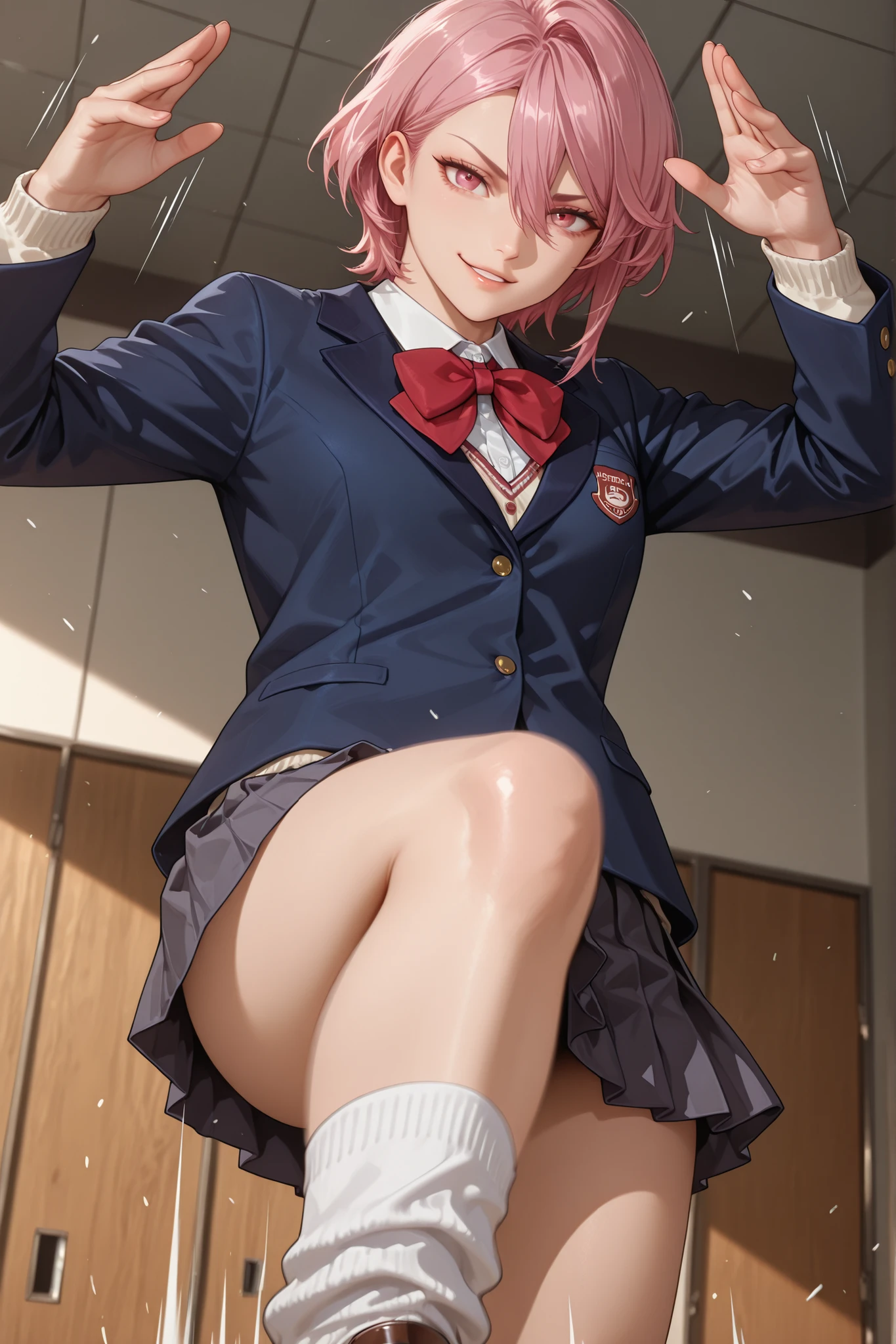 masterpiece, Highest quality, High resolution, ah, short hair, Single hair bun, redい目, chest, Breast bag,clavicle, (red_Neck ribbon), White shirt, Dress shirt, blazer, Black jacket, Open jacket, Long sleeve, Check skirt, Are standing, Cowboy Shot, Outdoor, smile, red面, (Wide pelvis:1.5), (Thick thighs:1.5), (Lift up the skirt:1.5), (Pink Panties:1.5), (detailed pussy)(Perfect Fingers:1.5), (From directly below),