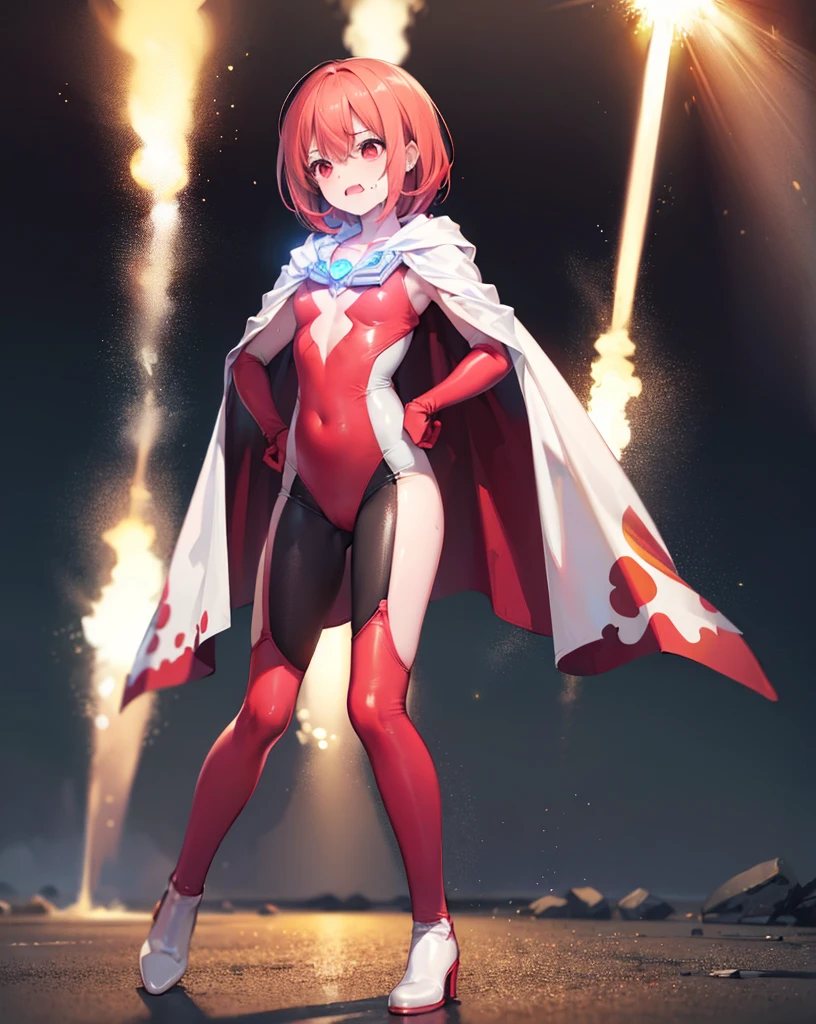 Realistic,highest quality, Ultra Detail, High-quality CG rendering, The most delicate and beautiful, Floating softly, High resolution, (1 girl), (Highest quality,4K,8K,masterpiece:1.2),(All red hair:1.5), (Medium Hair:1.5),(Red eyes:1.5), (Ultra Girl:1.0), (Red Ultraman bodysuit:1.4),(Slightly larger breasts:1.5),Upper Body,(Clenched Fist:1.2),(Place your hands on your hips:1.2), (Red gloves:1.3),(Red Shoes:1.3) ,(Red Cape:1.3), (Turn your back to your audience:1.3)