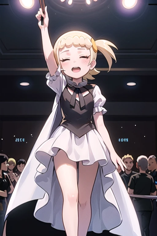 Ryouna_(Senran Kagura), heterchromia, beautiful girl with fair skin, blonde hair, wearing a lustrous black dress that highlights her wide hips, wide shoulders, and big breasts, cleavage, and big ass. She is wearing open-toe heels with red painted toenails and nails. She is a tall girl standing in a crowd, with an ethereal, score_10, ballad-like atmosphere, in a 2.5D style.