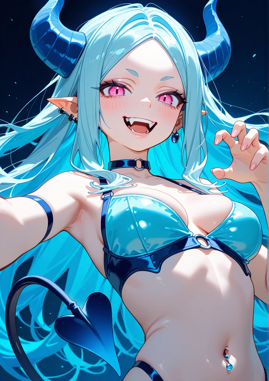 cute young girl, light blue hair, long hair, small braids hair, yellow eyes, dragon horn, dragon tail, elf ear, muscular body, small breast, sexy body, sexy piyama, sexy pose, blushing, smile
