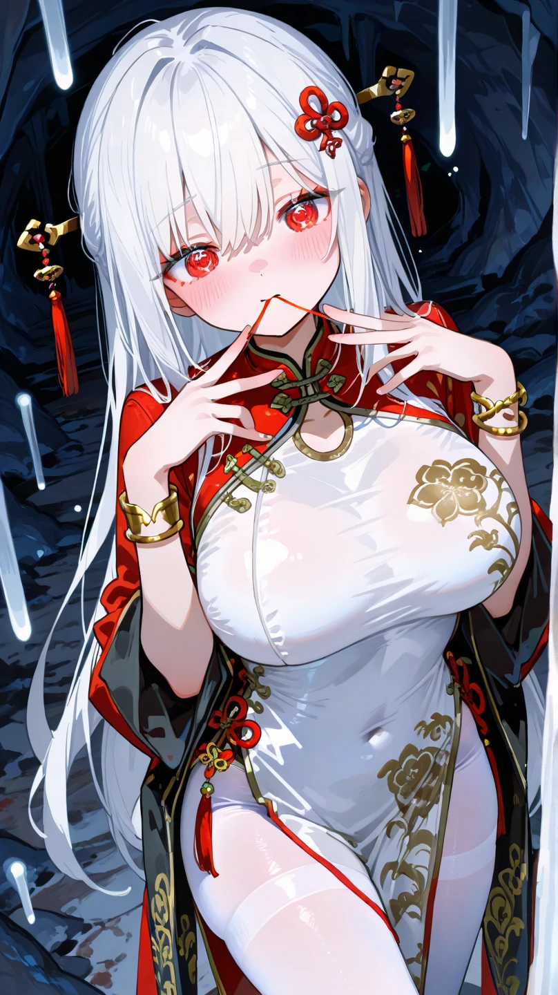 (best quality)), ((masterpiece)), (Very detailed: 1.3),{(Japanese young girl)}, White Theme, (Wear scarlet hakama:1.2), Wear anime witch costume,Ultra HD 16k,White hair, Red iris, Big, bright black eyes, Long eyelashes, Small, pale natural lips, (Average face of Japanese idol), (日本人特有的baby face:1.3), (baby face), Wide forehead:1.2, Plump cheeks, Small chin, Lateral breasts are pronounced,Looking at the audience,Focus on the eyes, (Perfect four fingers, 1 thumb),Extra large breasts,Great body