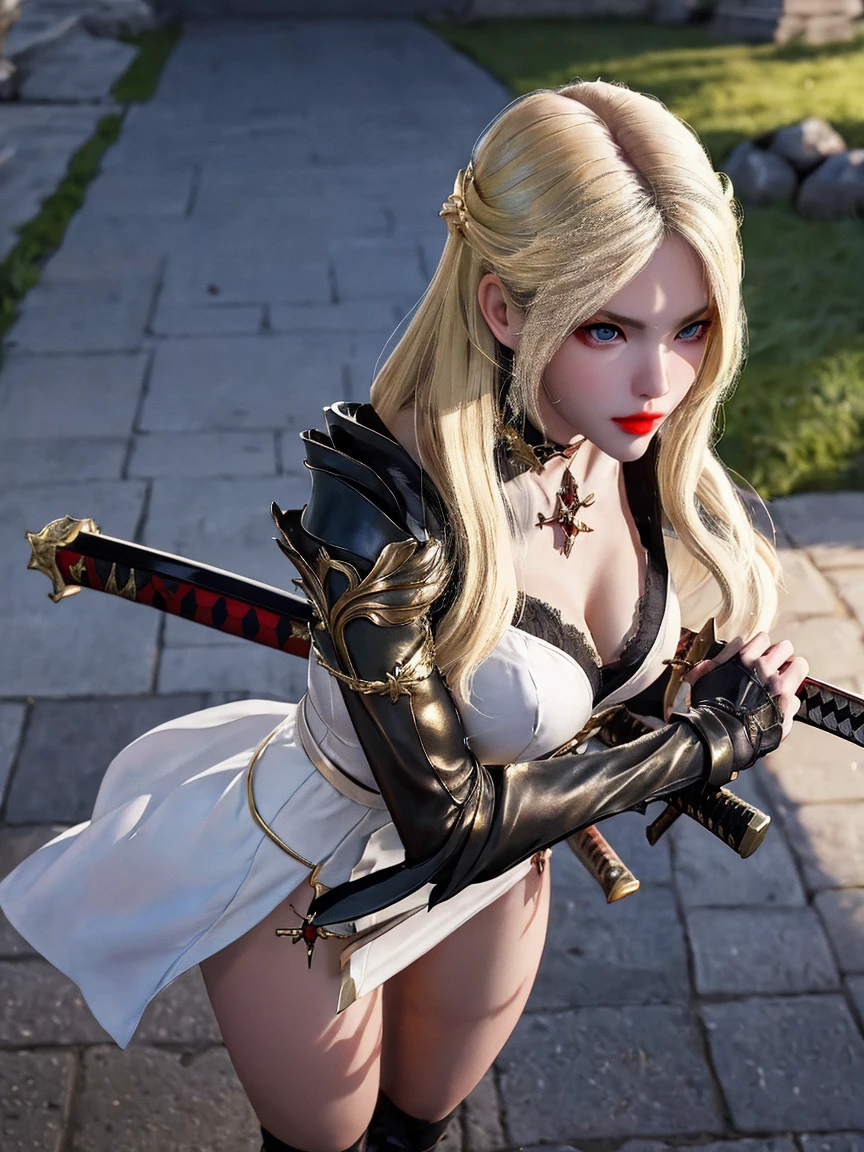 anime girl in red dress with sword and sword in hand, v from devil may cry as an elf, ashe, cushart krenz key art feminine, female mage!, cushart kenz, edelgard fire emblem, knights of zodiac girl, edelgard from fire emblem, commission for high res, inspired by Li Chevalier, guilty gear art style, blonde female jedi, hard nipples