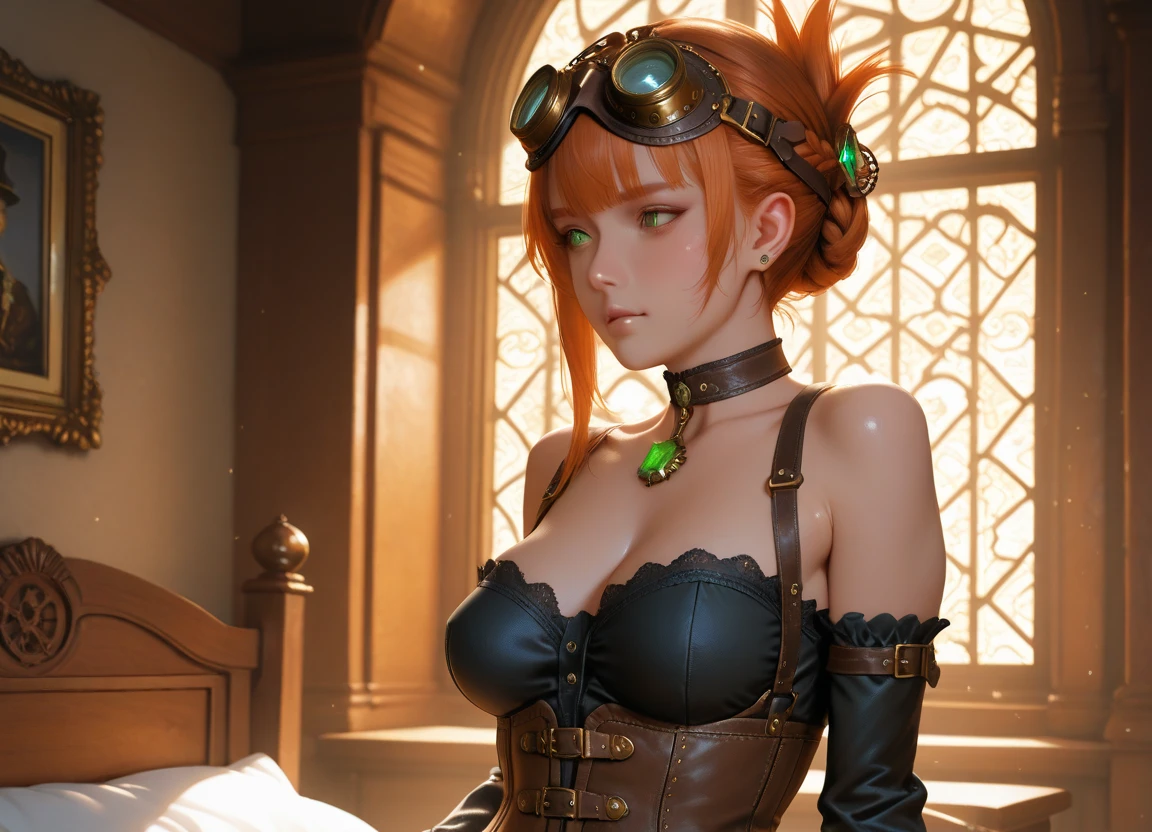 8k, masterpiece, best quality, realistic, higly detailed, cowboy shot, 1girl, solo, miku, emotionless looking girl, medium-length red hair, strands of hair hanging over the right side of her face, a set of wireless headphones that have a triangle-shaped logo on the ear cups around her neck, dark blue eyes, average height, well-endowed figure, large breasts, bangs cover her right eye, Necromancer