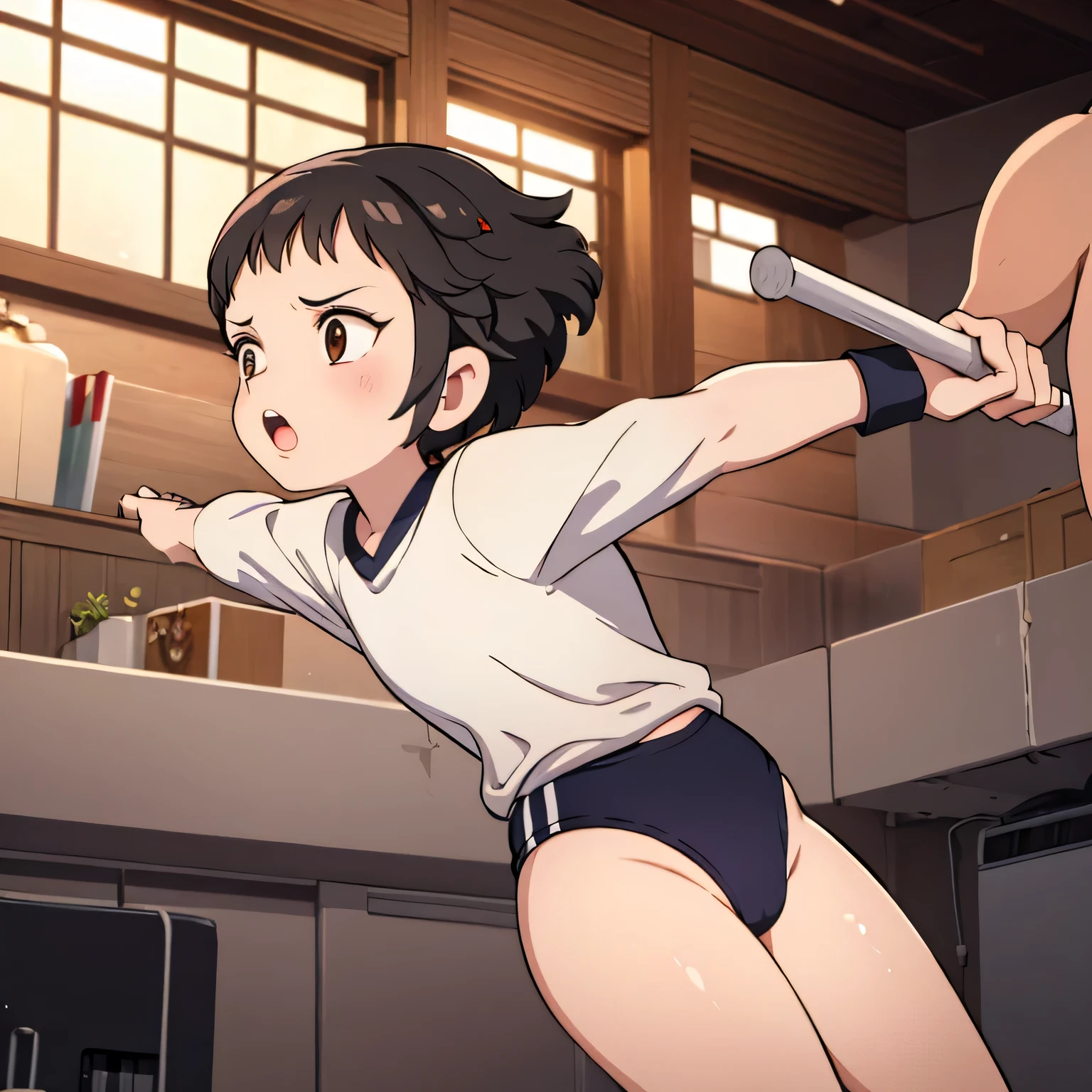 (masterpiece, highest quality), 
1girl wearing a black gymnastics bloomers,high leg,self wedgie, white blouse,Victorian blouse, multiple boys, zombie, scared, :o, motion blur, fighting stance, perspective, holding baseball bat, torn clothes, blood, horror \(theme\), attack, hitting, blood splatter, torn blouse, torn shorts, rotting, old,, masterpiece, best quality, highly detailed