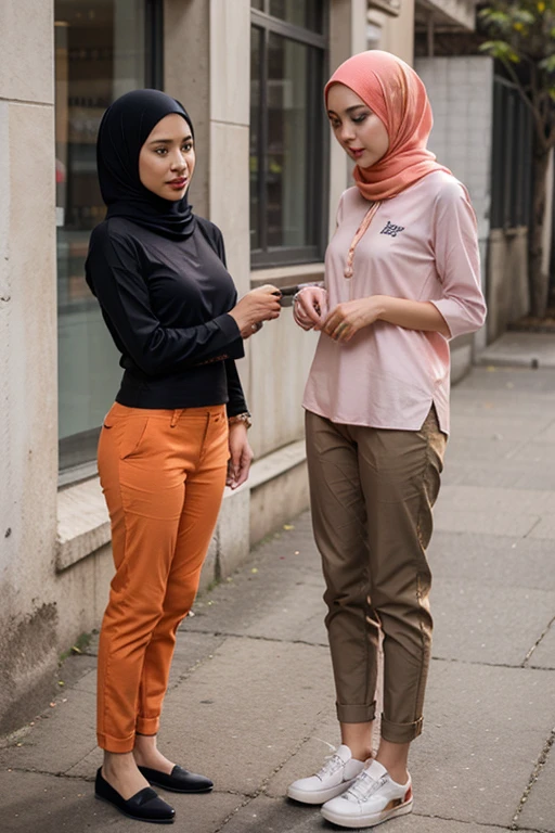 with black headscarf, white long sleeve t shirt, black sweatpants, white socks, without shoes, Sexy woman talking to her friends in the garden.