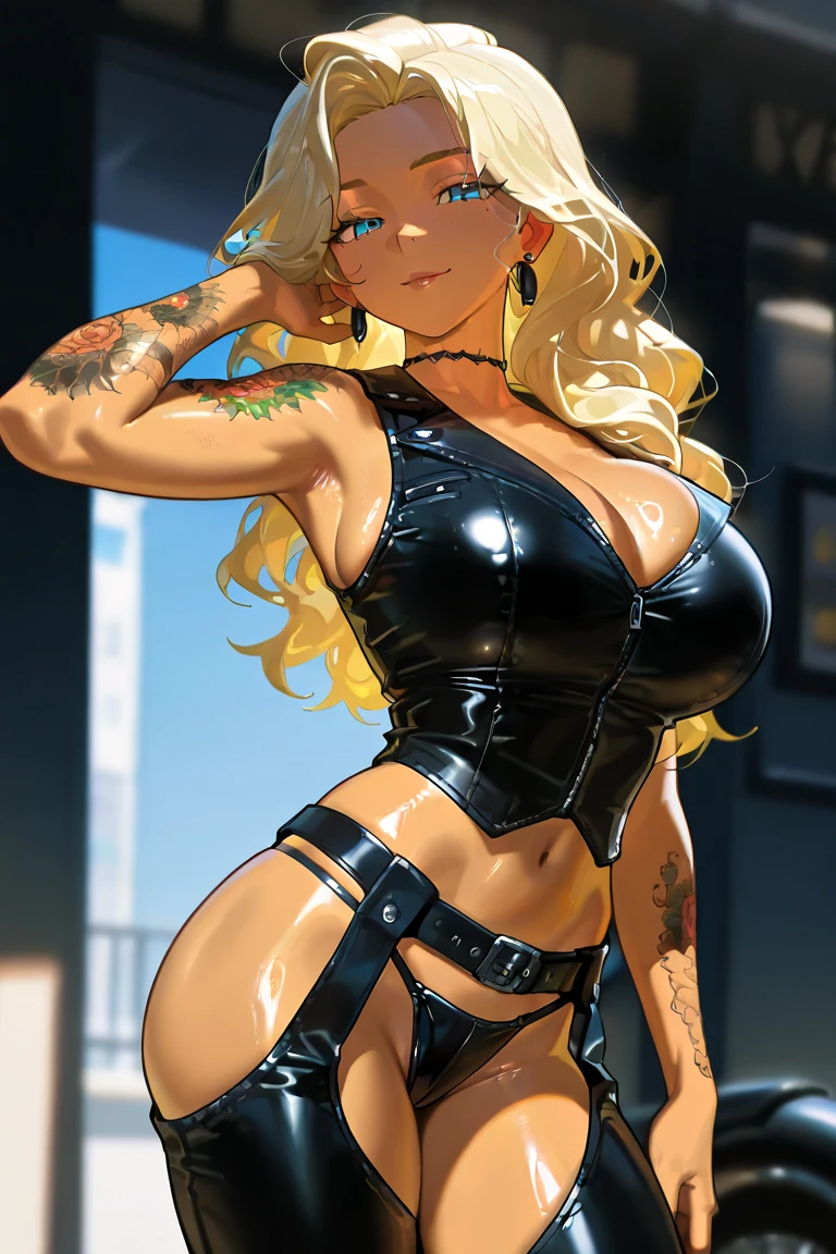 masterpiece, best quality, mature woman, blonde hair, sharp eyes, curvy body, dirty alley, thong, besides dumpster, front view, hand on thighs, hopeless eyes, tired, despair eyes, slave tattoo, junkie, tattoos, eye bags, eye shadow, (skimpy clothing), bend over, (whore expression), (please show nipples through clothing), dumb smile