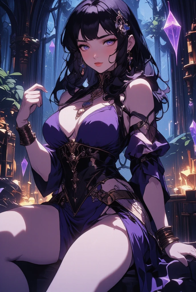 eldest vampire woman, perfect body shape, small breast, battle skirt, (royal cape:1.1), main color is matte black, secondary color is purple, sexy and devil aura, original character, masterpieces, seducing purple pupil, (multi color high pony tail 1:1.2), walking under blood moon and middle of the destroyed city street, purple gem accessories, golden belt, golden necklace, windy and evil effect, soft moon light focus, corruption, extremely delicate and beautiful eyes, (detailed super oily shiny skin:1.1), messy bang, fangs
