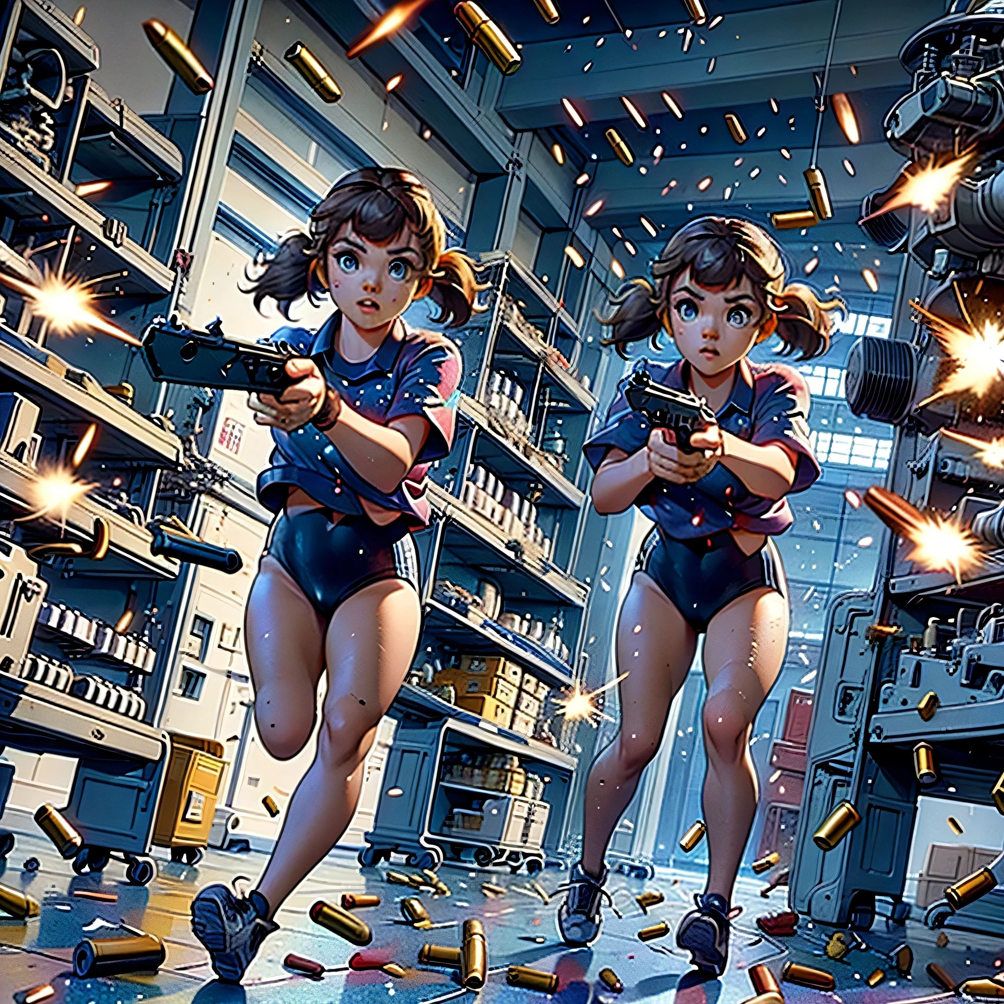 (yellow hair, blue eyes, blunt bangs, twintails) red shirt, black gymnastics bloomers,high leg,self wedgie,, Jude Smith, Eddy Shinjuku, (((firing, bullet, gun,light particles))), running, highly detailed, high budget Hollywood film, text