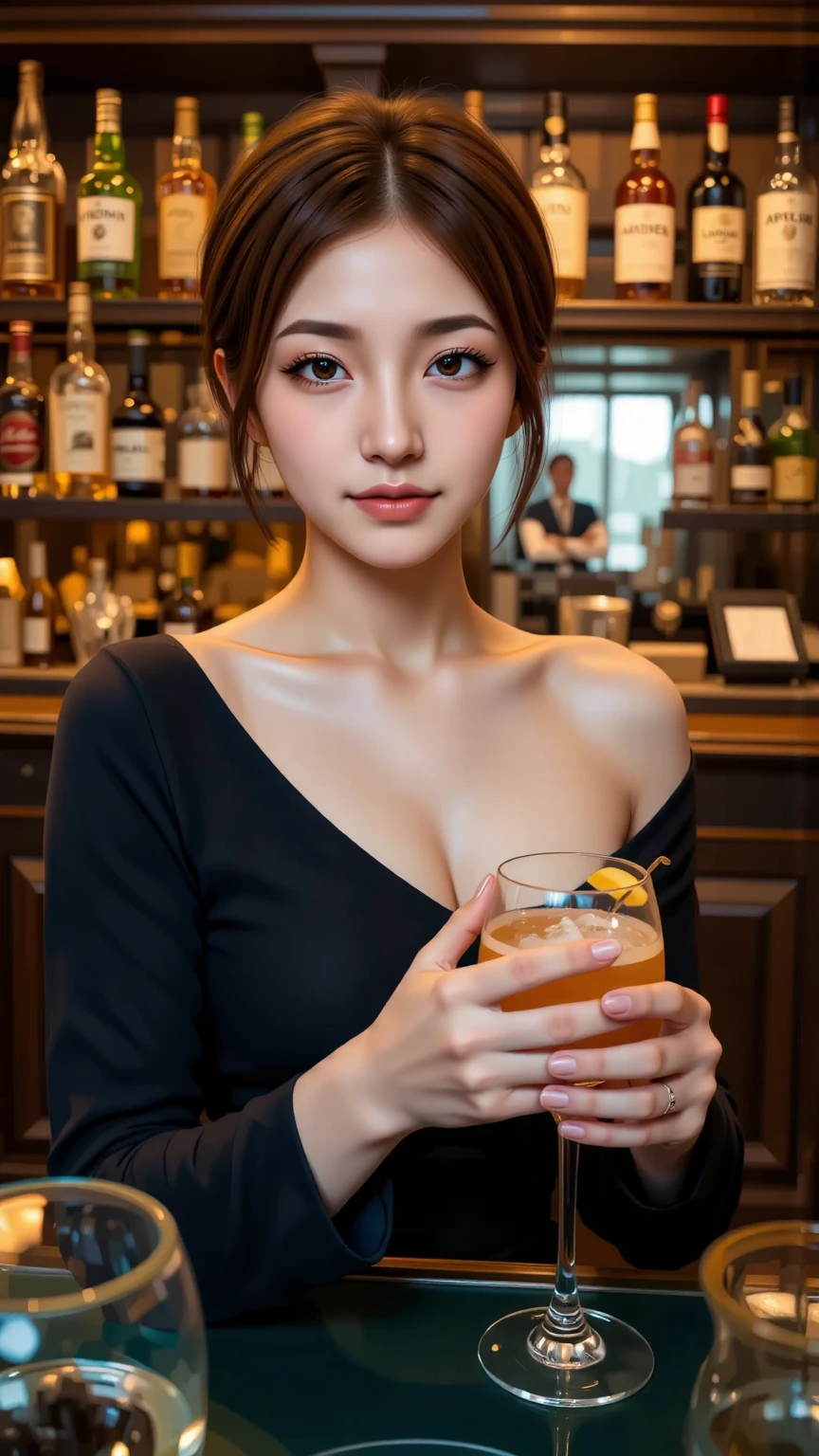 (8k, RAW photo, best quality, masterpiece:1.2), yjnn, 1girl, 3d, off-the-shoulder, shaded, low-key, cold, cold light. Scotch whisky in the living room of the mansion, whisky shelf
