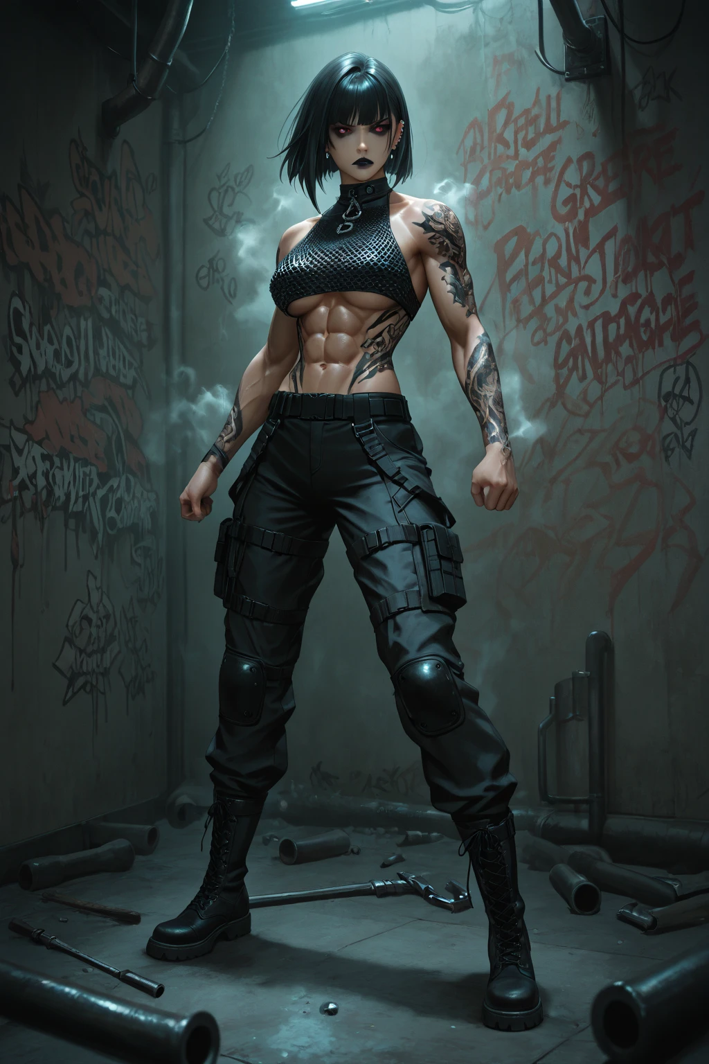 25 year old androgynous young man in Wolf style, from DC comics, with dreadlocks, intergalactic antihero, known for his cruelty and sarcastic behavior.. He is depicted as an alien humanoid with pale white skin..., long black dreadlocks, and super muscular physique in tight black leather pants.. His bright red eyes give him a menacing look...... Often dressed in an open black leather vest..., tight pants, and heavy boots, he has a punk rock look. With tattoos and scars all over my body, emphasizing his seasoned character.,
