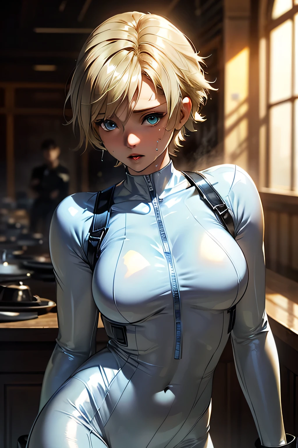 perfect anatomy Highest Quality,highest resolution,((( shiny white bodysuit shiny blonde short hair blue eyes shiny skin sweat))) Shelly Birkin