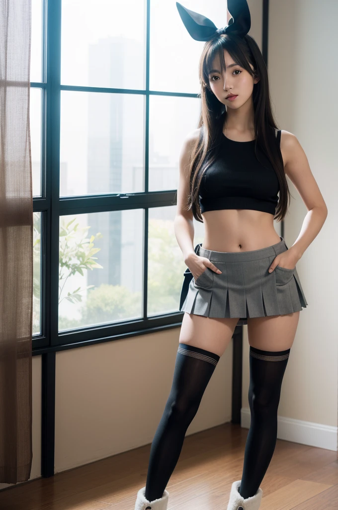 photo realistic, ((full body shot:1.5)), ((overhead shot)), ((Depiction from head to toe)), 8k, (best quality: 1.2), high-detailed, (masterpiece:1.2), super detailed skin, prison room, confinement, bed, messy room, Japanese money on bed, dark atmosphere, 1girl, 11 years old Japanese girl, (lie down on bed), cute, kawaii, body, tearful, Navel exposed, white tank top and panties, mini skirt. lift the skirt