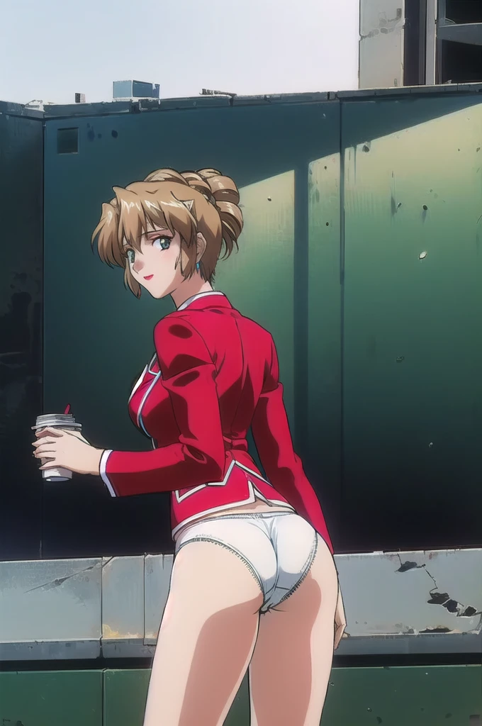 highest quality, High resolution, masterpiece, Symmetrical eyes, Beautiful eyes, Detailed face, Light green eyes, One woman, ４０Attractive woman in her teens, aika, 1st Default, 1st Closing, View Viewer, Super detailed, Cowboy Shot, Outdoor, Folded ponytail, short hair, Long sleeve,  Red jacket, whiteのシャツ, Earrings, Ascot, brooch, Red jacket, (Red pencil skirt:1.5), smile, blush, Light pink_lips, Larger breasts, (Lift up the skirt:1.5), (スカート that rolls up:1.5), (Wide pelvis:1.5), (Thick thighs:1.5), (Panties丸見え:1.5), (white_Panties:1.5), (Crotch from below:1.5), (photorealistic:1.1)