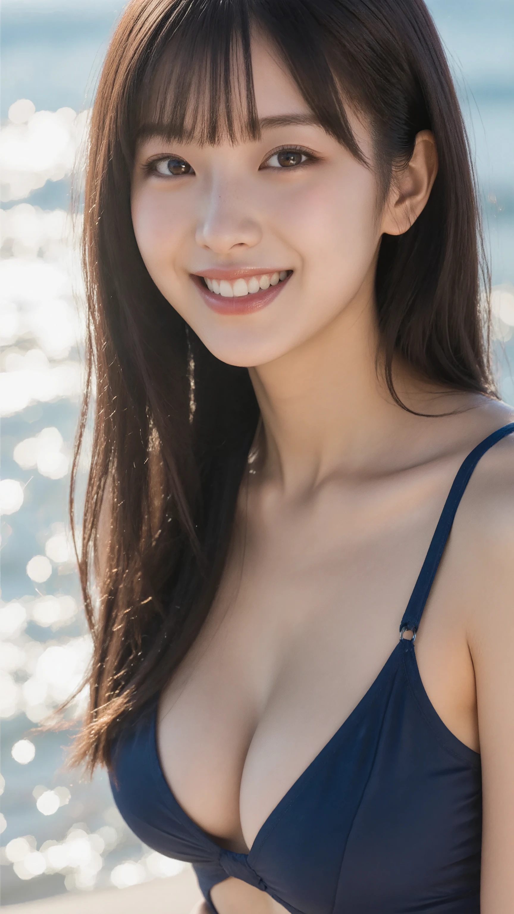 8k, (超Realistic: 1.35), (Realistic: 1.4), one personの美しい日本人の女の子, (((The best smile was unleashed))), one person,(((Full Body Shot)))、 (((enjoy)))、light makeup, masterpiece, 超High resolution, High resolution, one person, (((Navy blue swimsuit)))、 puberty, one personの少女, ((Perfect body)), ((Best image quality)), ((time)), ((Very delicate and beautiful)), ((Very shallow depth of field)), Hmph, ((Incredibly shallow depth of field. Familiar)), (((Very delicate and beautiful))), (((Very shallow depth of field))), Hmph, (((Unbelievably absurd))), (((Perfect body))), (((Looking at the camera)))), (((Normal size breasts))), (((Serious face))), (((Hair can be long or short))), myself+background, Dynamic Angle, Focus on women, {Particles of light}、 詳細なbackground、((Paul Hedley))、Soft lighting、(dramatic)sunset、sunset、とても美しいsunset、Live Action、Genuine、Top Angle、Cute Smile、(backgroundぼかし)、18-year-old、thin、((Wind))、((Movement))、((emotion))、((colorful))、((Baby Face))、((Beautiful Teeth))、backgroundは海