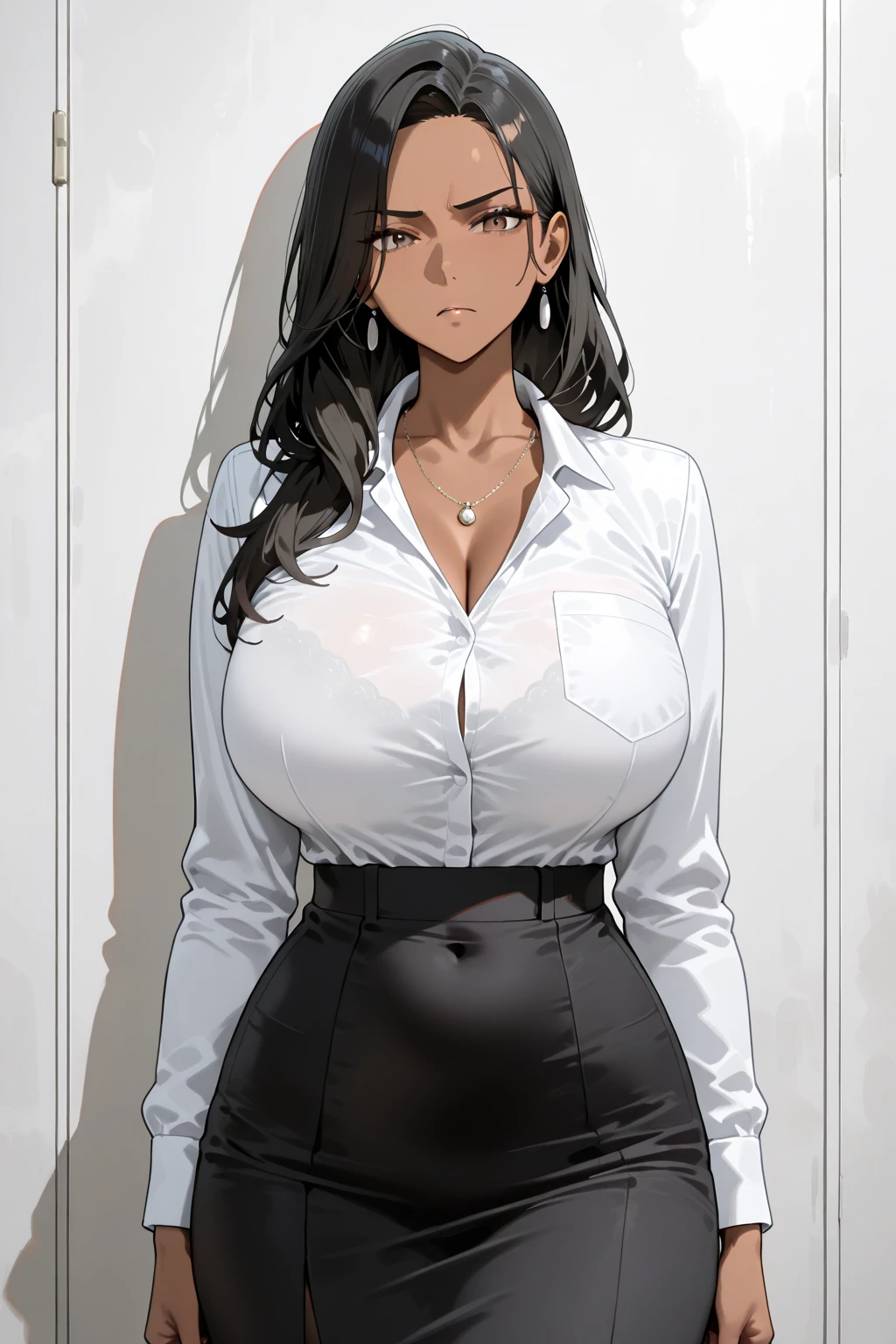 masterpiece, best quality, grayscale, monochrome, manga frame, 1girl, solo, adult, mature, tanned skin, black hair, long hair, wavy hair, light eyes, tight nurse outfit, pencil skirt, nurse cap, large breasts