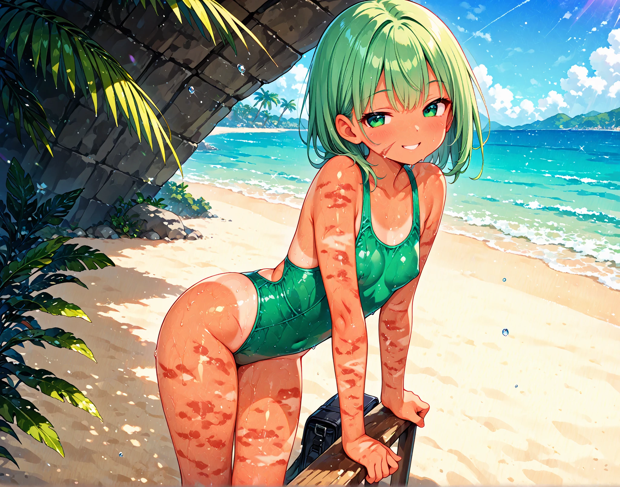 Yuuka Kazami from Touhou, full body, Sunbathing on the beach, wearing revealing clothes, big oppai, In sex behind the bushes, delicious expressions