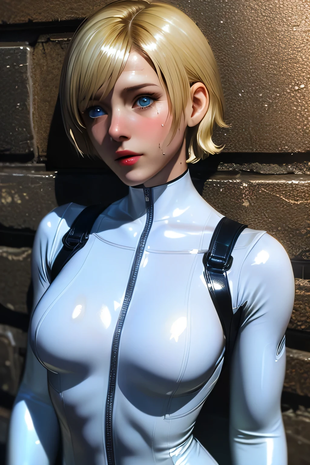 1girl, ((best quality)), ((masterpiece)), ((realistic)), (detailed), (perfect face), spider women, (white spidersuit), blonde short hair, building background