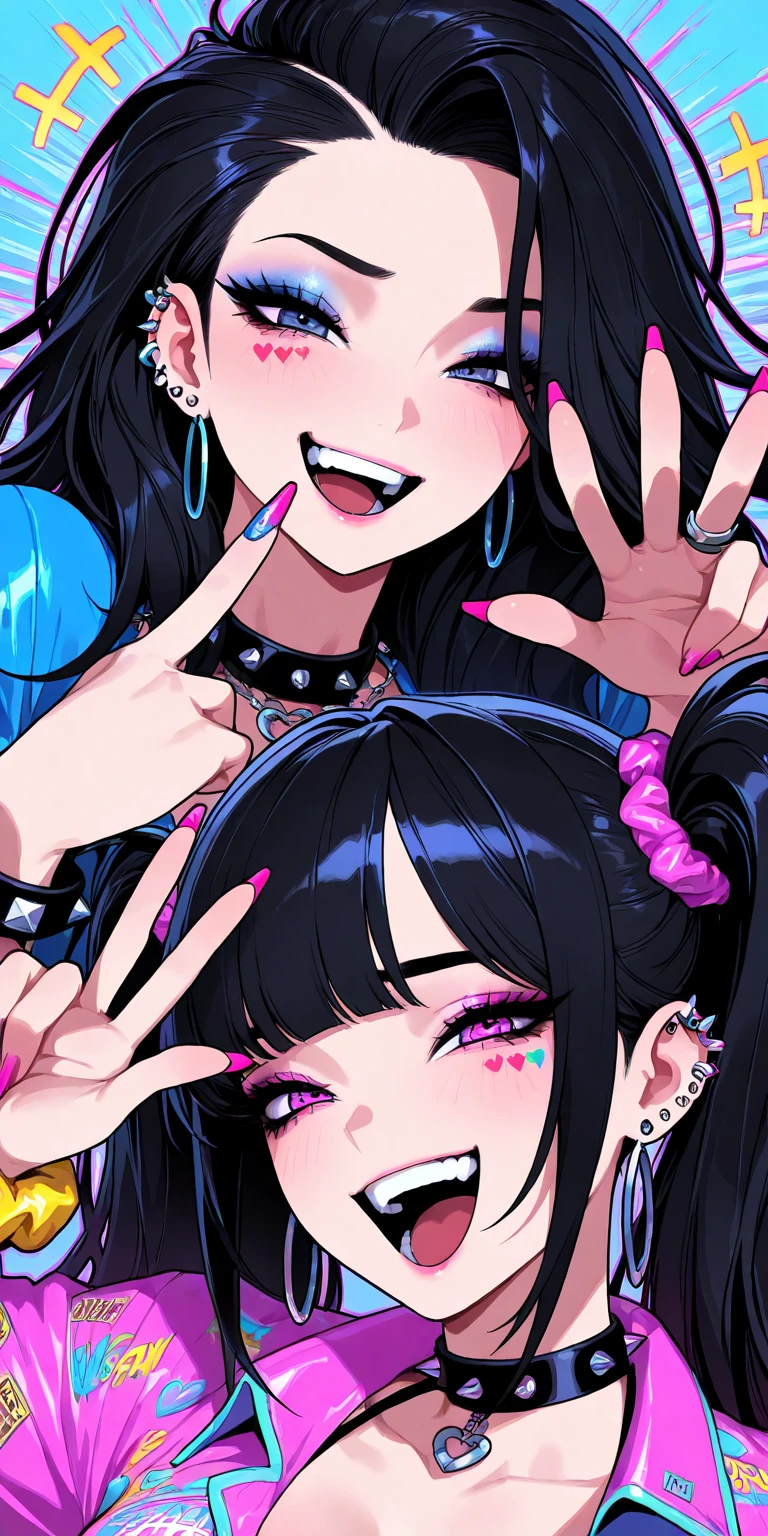 anime girl sitting on ground, 1girl, solo, gyaru, shape eyes, visible small , dark-skinned, long hair, straight hair, dark purple hair, short jean, Cross Halter Crop Top,  smile face, sleeveless, sitting, yandere, simple yellow background