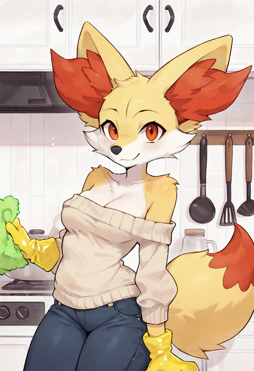 A Naked Female Fennekin with Thick Thighs, Big Butt, Pussy, Big Breast, Nipples, Sweating , Smiling, Yard , Sunny Day, Grass , Clean Sky, Flat Barbecue with pepperoni and roast meat , she is holding a spatula, Cooking, She is looking ta viewer, body view close. Fennekin's Tail