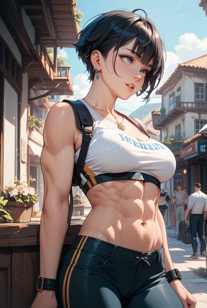 wmma, fingerless gloves, woman, midriff, toned, stage lights, fence, cleavage, sports bra, detailed face, colorful clothing, park, sky, trees