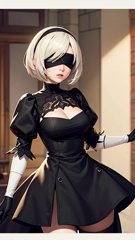 ((best quality)), ((masterpiece)), (detailed), perfect face, Yorha 2b, cute, thighs, lovely, blue eyes, black blindfold, etc.
