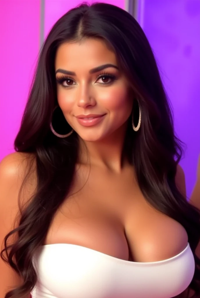 face close up Sexy woman35 years old with big breasts deep neckline long open dress with canvas claw clip messy hair DDD big chest super big breasts hyper realistic tanned skin,ultra HD,perfect smile snow white teeth,bright light lipstick,,,,,,,,,,,,,,,,,,Ultra-realistic close-up of a face with Avon-style makeup,using shimmery gold eyeshadow,pink blush and intense purple lipstick the skin has a flawless and radiant finish,with lighting that highlights makeup and facial details.