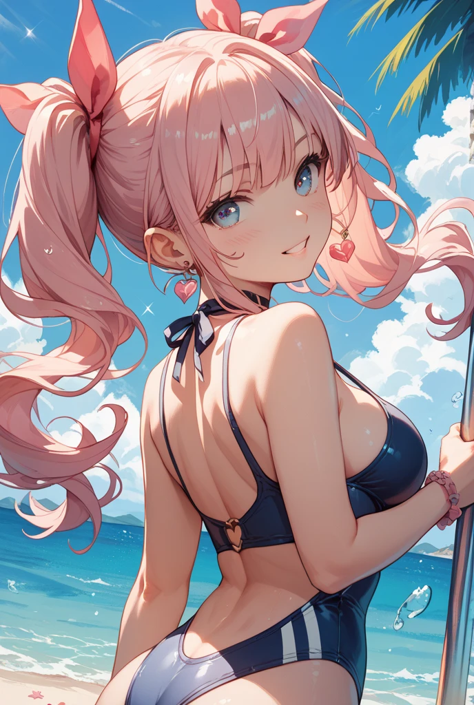 young girl, long bangs pink hair, blue eyes, smirk, full body, high quality, 4k, HD, Good detailed, white skin, cute, detailed skin texture, glistening skin, detailed beautiful and delicate face:1.3, bikini, padded Crop Top, black bikini, big natural breast, narrow waist, detailed hair with bangs, detailed long messy hair:1.3, random hairstyle, blonde hair, Smiling:1.2, she feels hot and sweating, standing in the beach