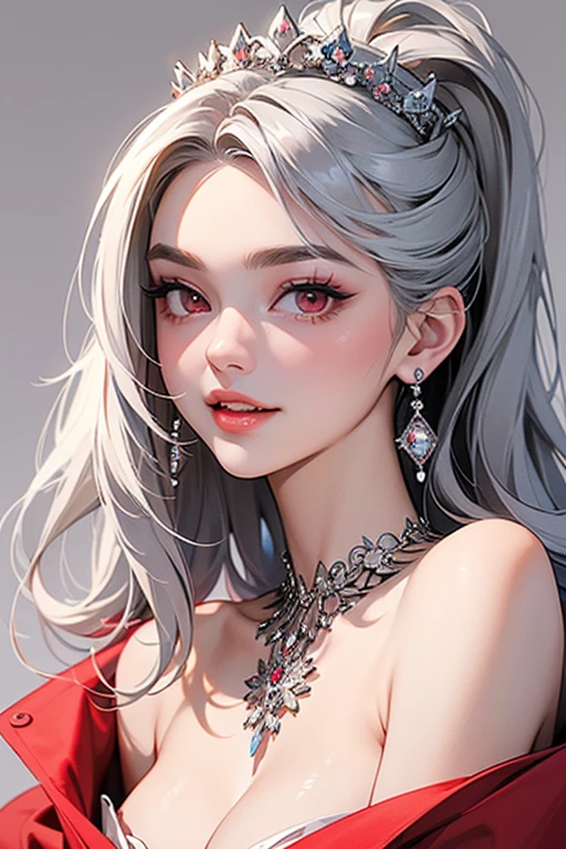 (best quality, Extremely detailed, Reality: 1.39), Bright and vivid colors, Studio Lighting, Romantic Expression, Tempting, Lucy Peed, portrait, Face portrait, Red lips, Smile, Neckline, Busty woman, Fat woman, Straight Hair, Perm, Platinum Hair, Broad, White cropped top, White skirt, Nursing underwear. Create a dream、Magical atmosphere,