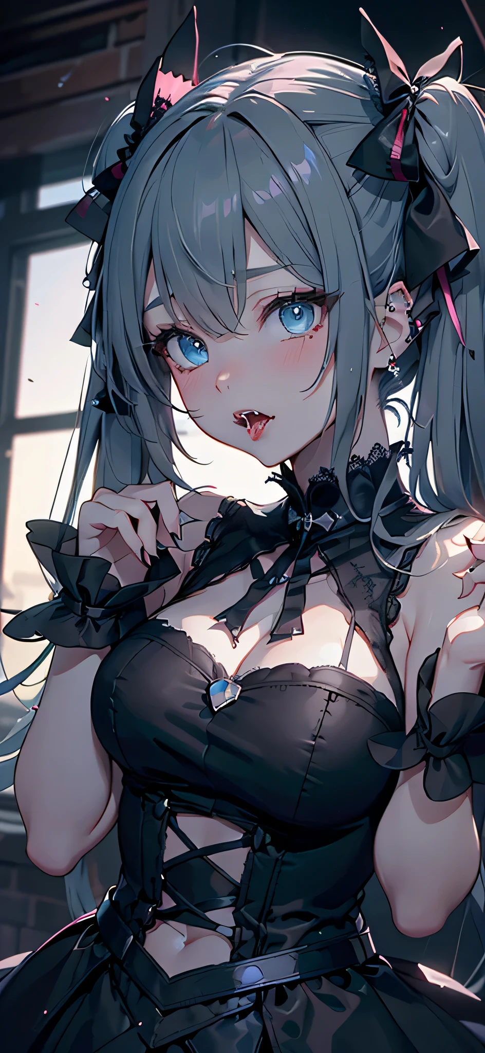 (masterpiece, best quality:1.5), (ultra detailed, high resolution, 8k, beautiful detailed, UHD, best anatomy), white bobo cut hair, medium breasts, 1 cute small girl, thin Gothic Lolita, from above, upturned eyes, One eye color is different from the other