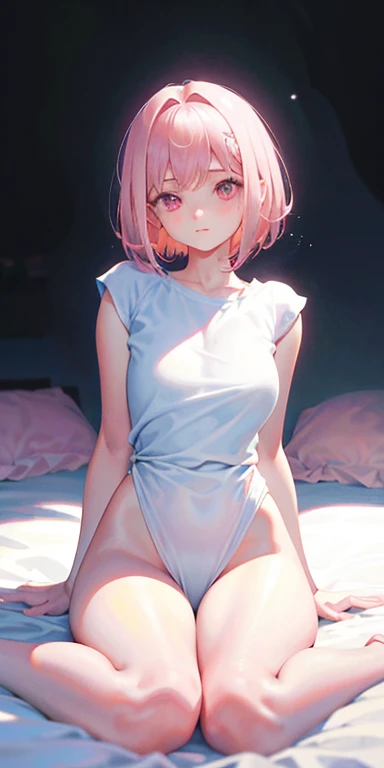 White hair. Short hair. Inner pink hair. Anime girl. Pink eyes. Glowing eyes. Nekomimi. Smile. Tanktop. raised legs. Wet vagina.