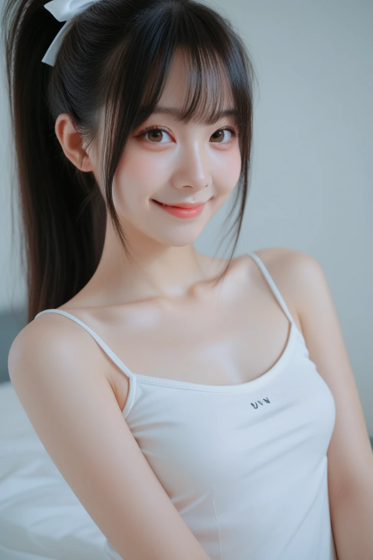 Gorgeous young Korean woman posing for photo in white sports bra top, surreal painting inspired by Aeon Andreescu, sports bra and soft white tight tracksuit, clear and cute smile, clear face, Korean female idol