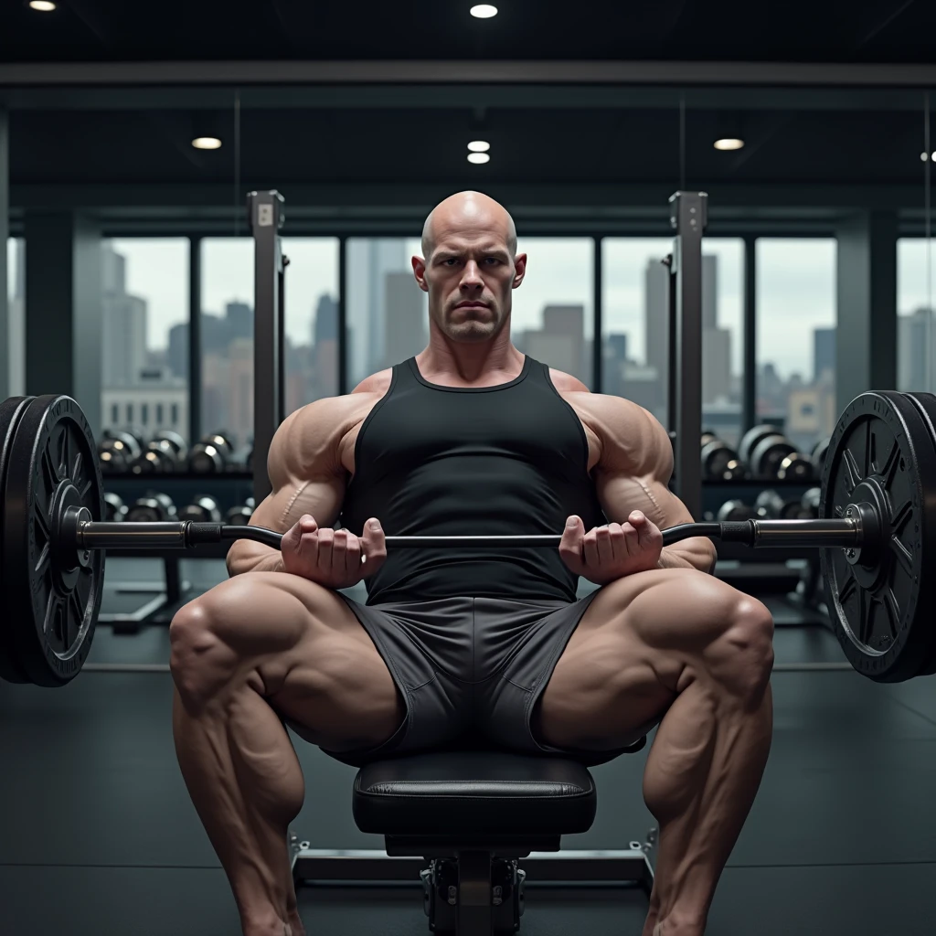 full view, full body, one handsome young artificially tanned white bald over-muscular man in neon-green nylon socks, shirtless wearing neon-green lycra leggings and neon-green sheer socks, no shoes, gold chains, bracelets, rings, arrogantly sitting on bench in his neon-green sheer socks next treadmill in gym, his neon-green sheer socks look silky and are visible on the foreground