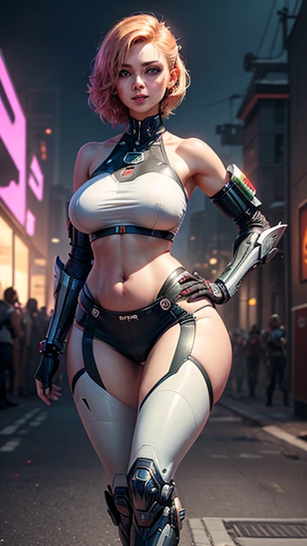 {Ultra HD, 4K, HDR, 8K, neon cyberpunk theme, close up}, ((cyborg Doll in cyberpunk streets, BBW, thick, age 20, light smirk, armed with weapons, wearing red black cybernetic armor, neon cyberpunk world)), (((long straight ponytail hairs, red lips, clear big eyes, raised arrogant eyebrows, pink cheeks, heavy makeup))), ((sexy curvaceous figure, sweaty skin, pale white skin, shiny skin))