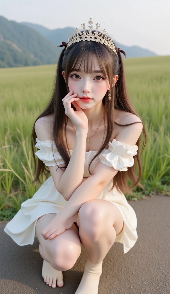 ((top quality, 8k, Masterpiece, photorealistic , 35mm lens, f/0.8, amazing cute perfect figure :1.4)), natural-light, ((flat chest :0.6)), (white Gothic dress :1.2),baby face:1.2,circlet on head, hair ribbon, (outside the castle background:1.2), Highly detailed face and skin texture:1.2, (Detailed dark green eyes:1.2), super detailed skin, double eyelid, shiny skin:1.2, Blushing, high-fidelity bangs, very brilliant light brown twin tail hair, sit, head tilt, looking at viewer,