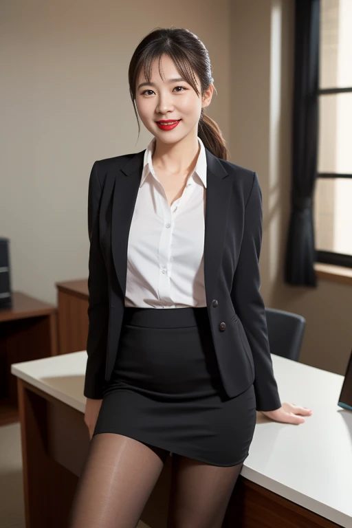 An elegant, upper-class, elite secretary in a business shirt, Working in the office、厳格なsuitを着ている, Wearing pantyhose、Wear high-quality high heels、 Girl in a shirt, suitを着ている, suitを着ている, suitを着て, Businesswoman, Business Wear, 黒のsuitを着ている, Wear a shirt and skirt, suitを着た女性, suit, ビジネスsuit, RAW Photos, (8K、Highest quality、masterpiece:1.2)、(Intricate details:1.4)、(Photorealistic:1.4)、Octane Rendering、Highly detailed and intricate 3D rendering, Big city office district, Rim Light, Crisp details, Super detailed, Realistic skin texture, Detailed aspect, Beautiful attention to detail, (Detailed Background:1.2), Exposed thighs!!!,(Open Leg 1.5).Panties Pensive Lingerie), The blouse has a wide opening at the chest., Exposed Skin, Protruding nipples.