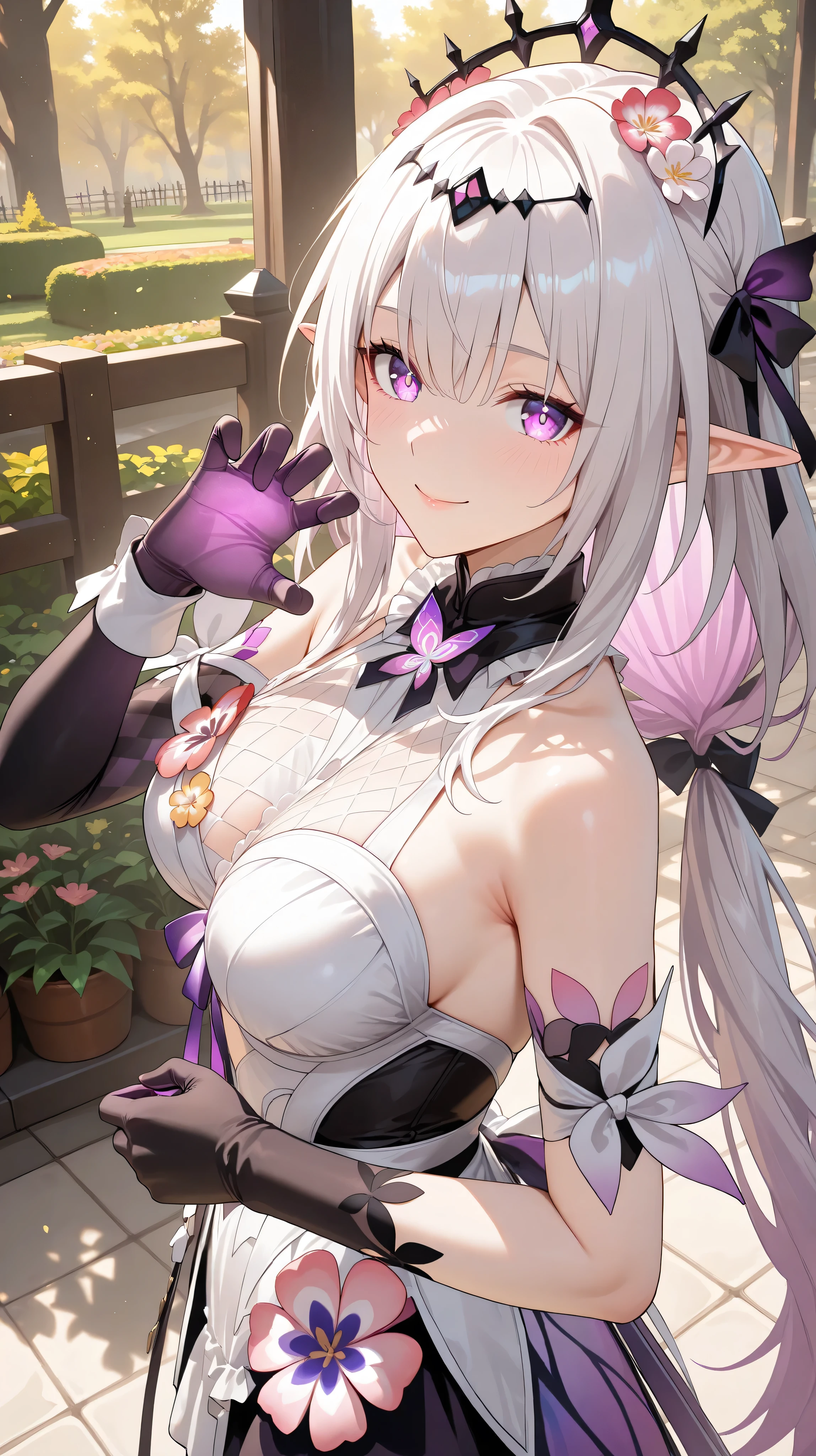 score_10,score_9,score_8_up,score_7_up, masterpiece, best quality, glowing skin, lighting, pale skin, detail eyes, ferpect eyes, Retina,
1girl,
solo,
long hair,
breasts,
looking at viewer,
closed mouth,
bangs,
Purple eyes,
singel sleeves
bare shoulders,
medium breasts,
(Standing:1.5),
very long hair,whitehair,
sleeveless,
Outdoors
Flowers garden
, smile, 
freestyle posse
castorice honkai star rail
Hand pose random
Hair Ornament, 
Elf ears,nsfw