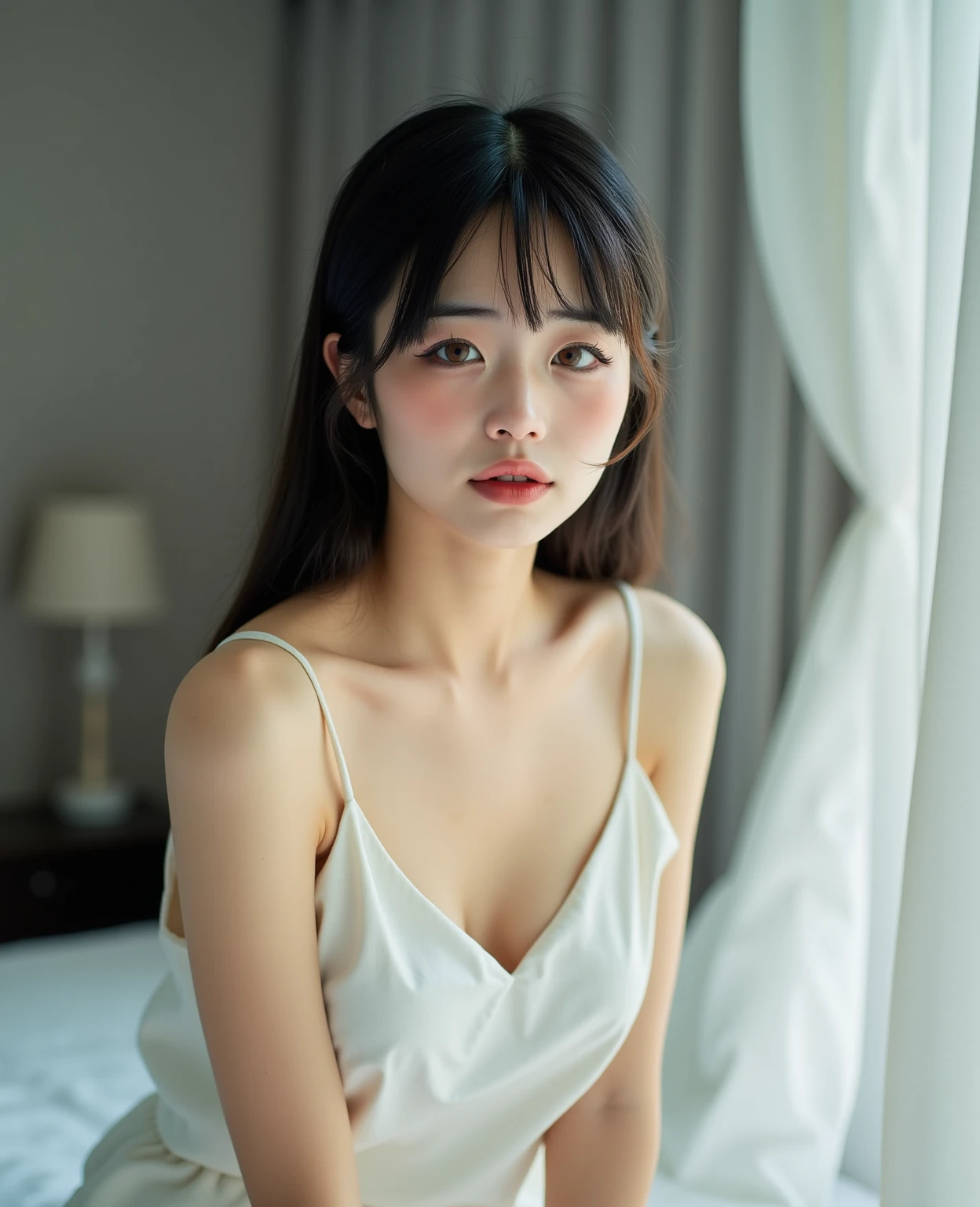 (The ghost of a woman)、(Beautiful Japanese、90years old,round face、Refreshing、clear、、stylish、Narrow eyes、black eyes、,actress,Pale skin、Crystal clear white skin, Good style ), (Beautiful big breasts:1.0),(soft breasts),,(Black hair),(long hair),(enchanting eyes)、(8K、Live shooting、highest quality、masterpiece:1.2、optimal lighting)、((masterpiece)),(Photo taken by a professional photographer),(real、photo real:1.4),break,{ (White hospital gown),Hospital uniform},( Sad face:1.4),(tears:1.4)) break, break,Old abandoned hospital,、 night、Dark hospital room、Gloomy face、Being sick、Full body portrait