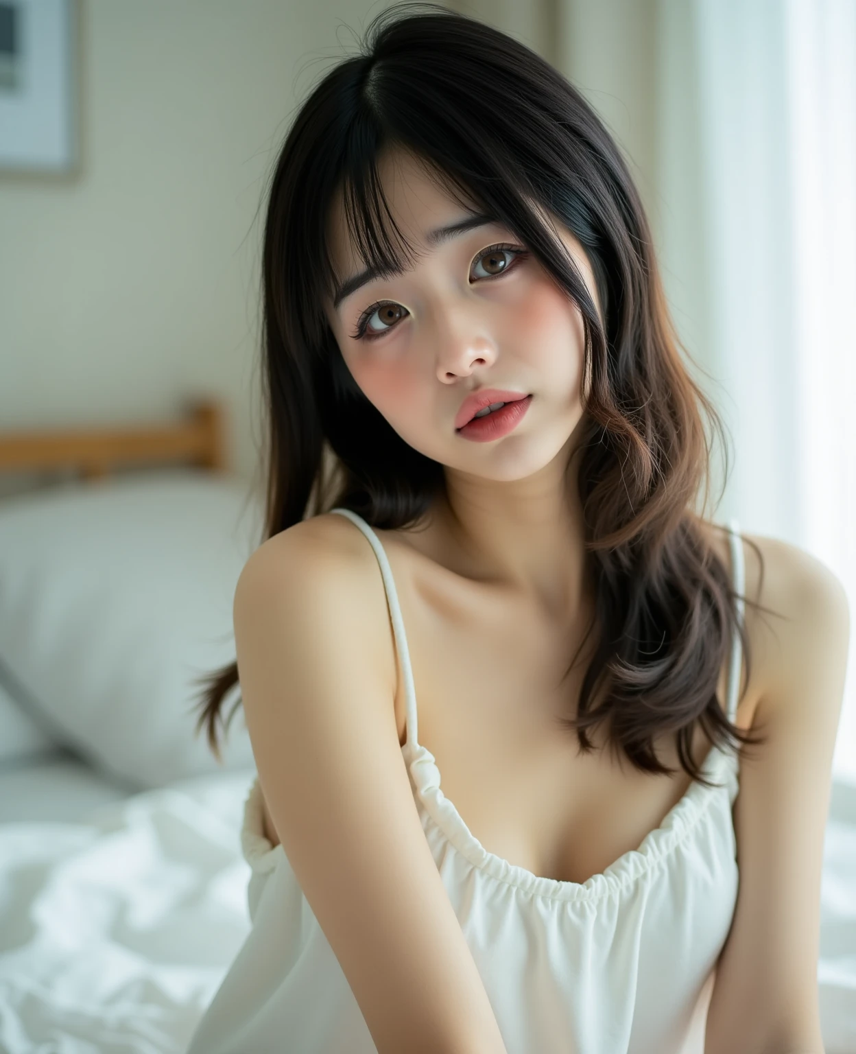 ((highest quality, masterpiece :1.3)), Photorealistic、Ultra-high resolution、Natural skin texture、Hyperrealism、Near Movies、Beautiful Japanese girl in her early teens、One girl、Tight crop top、Lying in bed、Frightened expression、Tears flowing