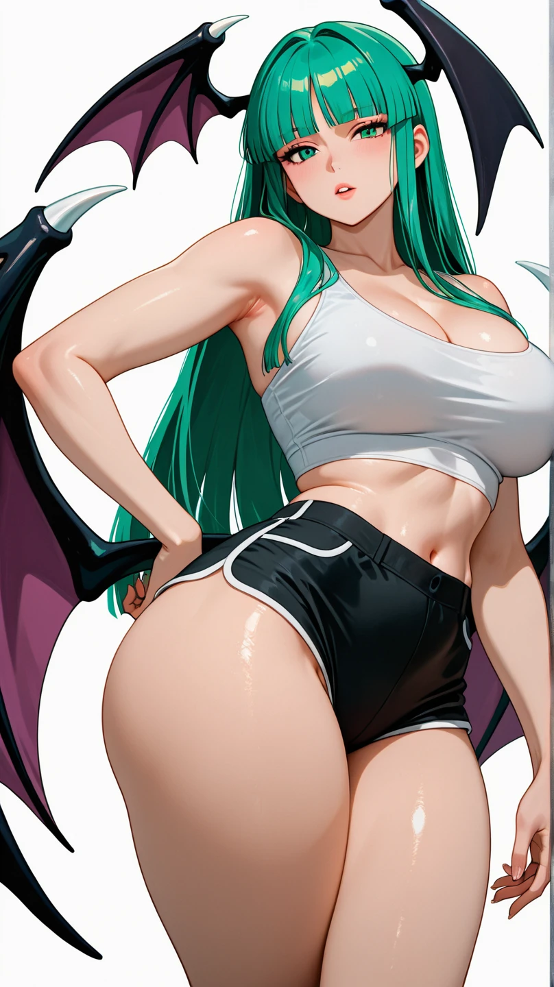 morrigan aensland, blond hair, tunic, pants, sensual curvs, curvy, huge breast, priestess,red eyes, feathered wings, halo, horns