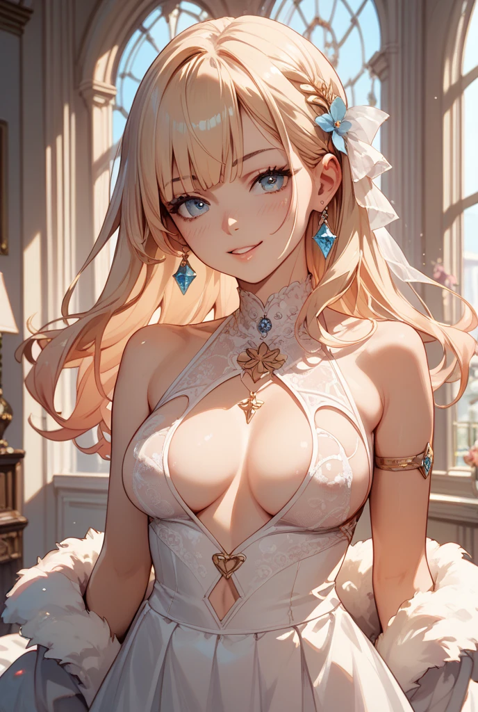 masterpiece,highest quality,Ultra high definition,helene, blonde hair, blue eyes, fair skin, white chiton, flower crown, pearl necklace,Elegant posture,smile