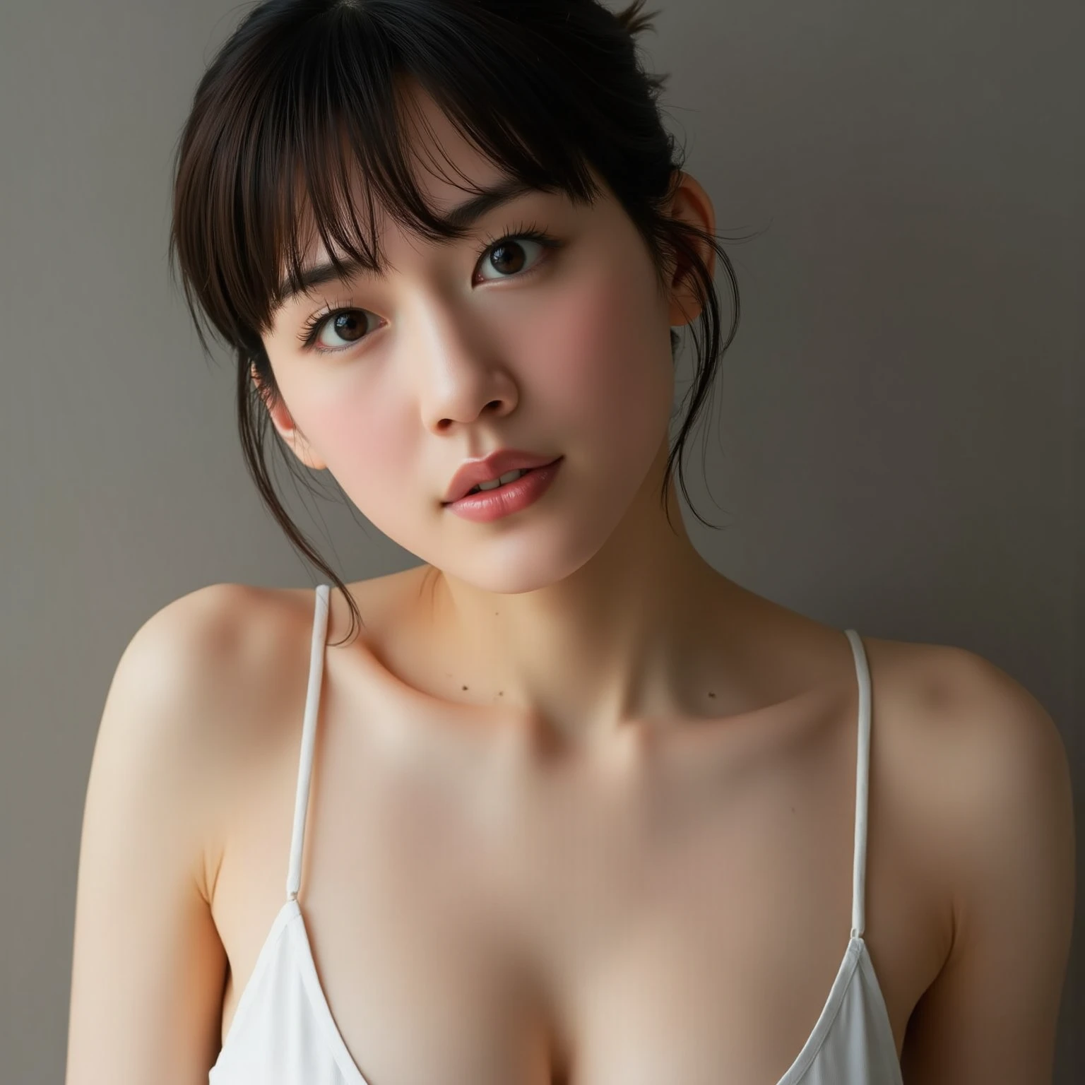 Woman wearing a camisole、(makeをしている無表情の女性:1.3), highest quality, One girl, ((Very small breasts:1.3))、((No underwear:1.5)), Gray solid background, bright, Blur the background, Bokeh, ((Lighting in your face:1.5))、((Close-up of face:1.3)), (make), (eye shadow), (Wearing a thin camisole:1.5), nice, (Short Bob Cut Hair:1.2), Beautifully detailed skies, Earrings, (Dynamic pose:1.2), (Upper Body:0.8), Soft lighting, Wind, Shiny skin,