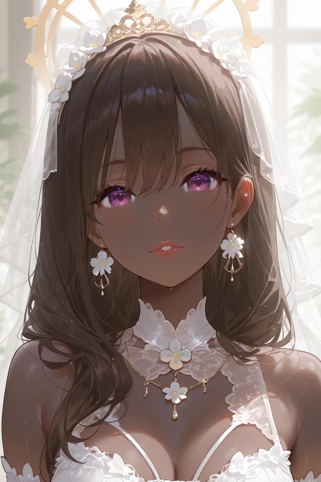 Ultra qualidade, Melhor qualidade, High definition, 1 mulher, sozinho, Woman with pele escura, cabelo preto, pele escura, seios grandes, sensual, casamento dress costume, casamento, retrato, joia, parted lips, olhos escuros, brincos, procurando o espectador, fundo do parque com flores rosas, seios enormes, pequena amostra, sensual, pele de azeitona, pele escura, Papel de parede, Linda noiva sexy, olhos escuros, perfect retrato, Everything around you is perfect, a noiva perfeita, Deusa linda, noiva perfeita, wearing a lush dress worthy of a noiva perfeita